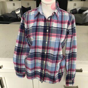 Chaps Petite No-Iron Plaid Button Down Lg Slv Cotton Shirt Blue Pink Wht Sz MP
